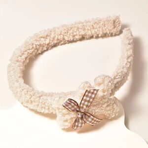 Teddy Bear Plaid Bow Headband - Cream